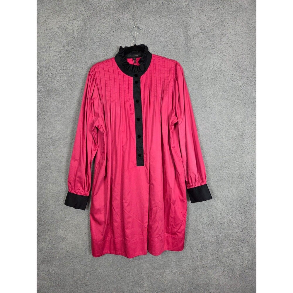 Marc Jacobs Pintuck Shirt Dress Pink Black Pleated 14 High Neck Ruffle Tunic LS - Picture 2 of 11